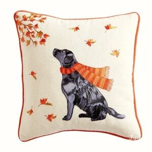 Pier 1 Black Labrador Accent Pillow Embroidered Fall Leaves and Striped Scarf